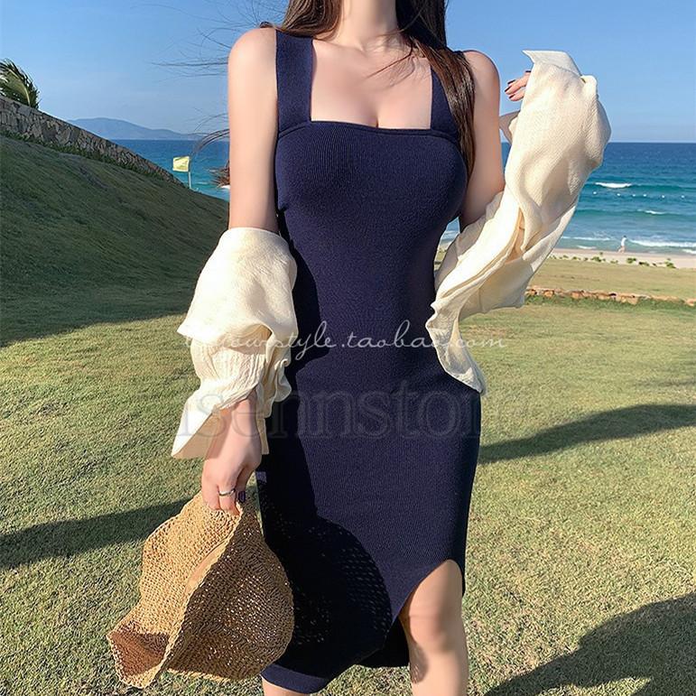 夏物 ファッション キャミワンピース スクエアネック レディース リブニット 無地 セクシー ロングドレス スリット ノースリーブワンピ タイト スリム 着痩せ Mmay 8762 イセンストア 通販 Yahoo ショッピング