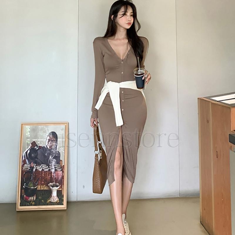 ワンピース ミモレ丈 前開き 長袖 タイトワンピ カットソー 無地 V