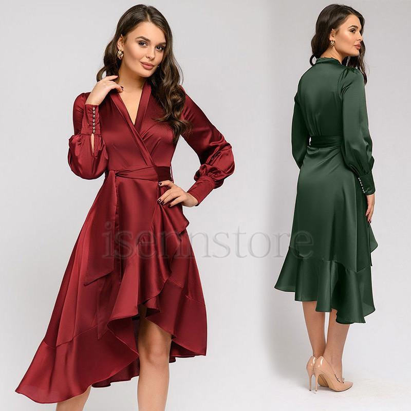 ドレス ロングワンピース カシュクール Vネック 長袖 サテン 結婚式ワンピース パーディードレス レディース フレア Aライン イレギュラー 無地 上品 二次会 Mmay 8793 イセンストア 通販 Yahoo ショッピング