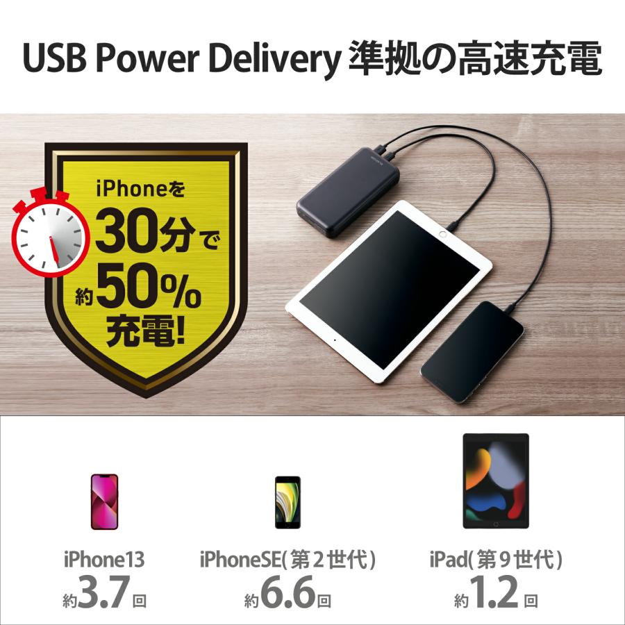 ELECOM（エレコム） モバイルバッテリー 2口 （ USBA Type-C ） 20000mAh PD おまかせ充電 20W出力 ブラック DE-C34-20000BK｜isense｜03