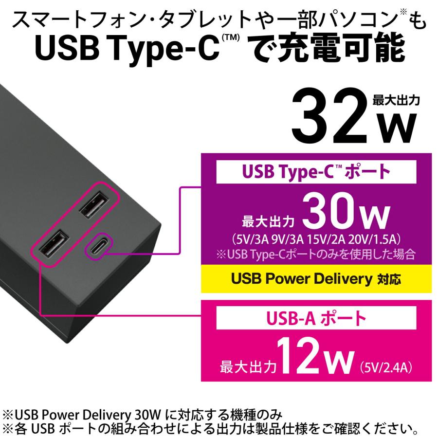 ELECOM（エレコム） 電源タップ 延長コード USB付き 1m （ コンセント ×3 Type-C ×1 USB-A ×2 ） PD 対応 フットパーツ付 ブラック T-U03-3310BK｜isense｜03