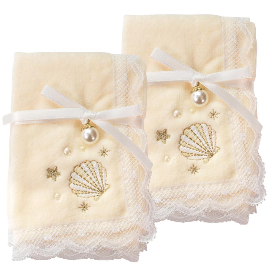 真珠エキス配合 真珠小町 レース付き刺繍ミニタオル イエロー 2枚組