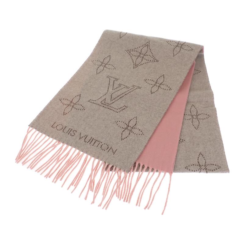 最終値下げLOUIS VUITTON ロゴ入りマフラー ピンク/グレー レディース
