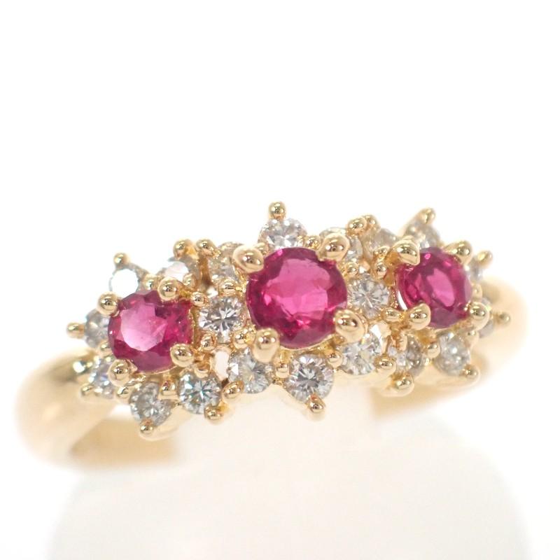 タサキ TASAKI フラワーモチーフ 小花 11号 リング K18イエローゴールド 18金 ルビー ダイヤモンド 0.32ct レディース【中古】【Aランク】の画像