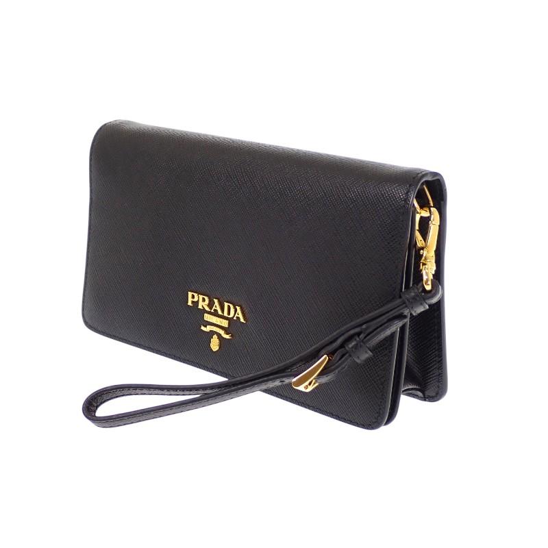 プラダ PRADA レザーチェーンウォレット 1DH029 財布 サフィアーノ ブラック 黒 レディース 保証書付き 2WAY【中古】【Aランク】の画像