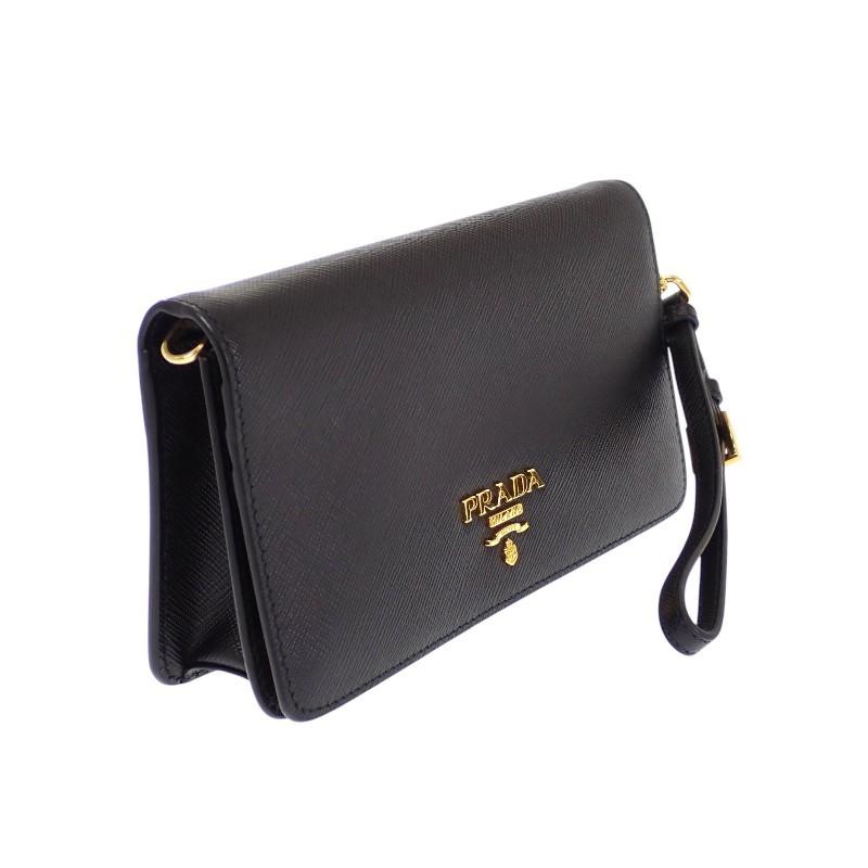 プラダ PRADA レザーチェーンウォレット 1DH029 財布 サフィアーノ ブラック 黒 レディース 保証書付き 2WAY【中古】【Aランク】の画像