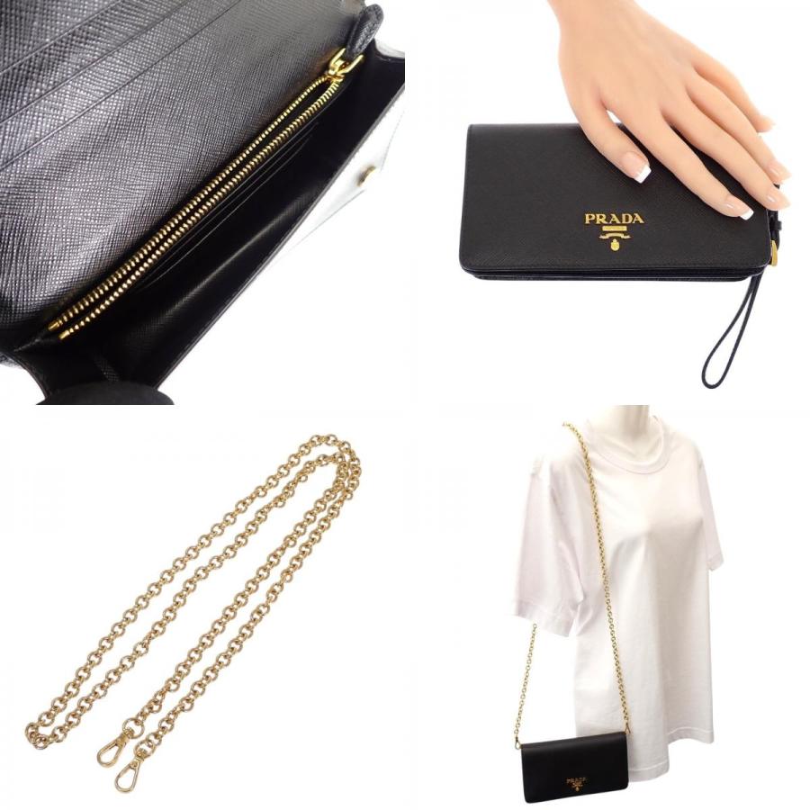 プラダ PRADA レザーチェーンウォレット 1DH029 財布 サフィアーノ ブラック 黒 レディース 保証書付き 2WAY【中古】【Aランク】の画像