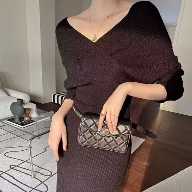 ワンピース カシュクール 長袖 ロング スリット タイト スカラップ v