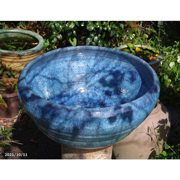 現品・一点物 No.2060】信楽焼 睡蓮鉢 青ガラス水鉢 21号+お 現品・一点物 No.2060】信楽焼 睡蓮鉢 青ガラス水鉢 21号+お