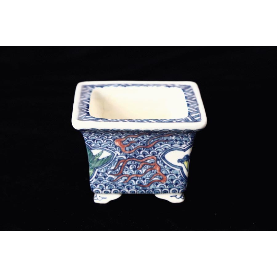 人気絵鉢作家 ゆうき祥石作「祥石外縁五彩染付龍鳳凰図段足正方