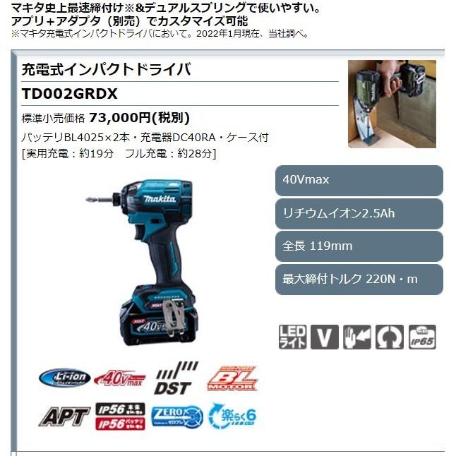 【未使用】マキタ Makita TD002GRDXO 充電式インパクトドライバ 40V バッテリ×2・充電器付き マキタ（makita） TD002GRDXO (注意 バッテリー1本仕様）(オリーブ