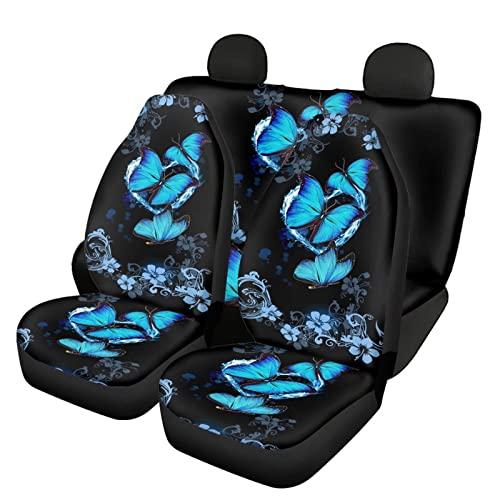 Cozeyat レディース カーアクセサリー ブルーバタフライデザイン オートシートカバー フルセット 防塵 自動後部分割ベンチ保護