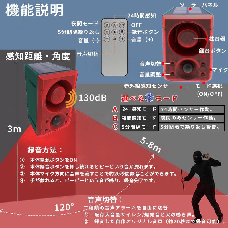 防犯アラーム ソーラー 防犯センサー 録音 機能付 充電式 センサーライト 防犯 センサー ブザー 人感センサー 防獣ライト 警報器 動物撃退 害獣撃退 猫よけ｜ishikawastore8｜06