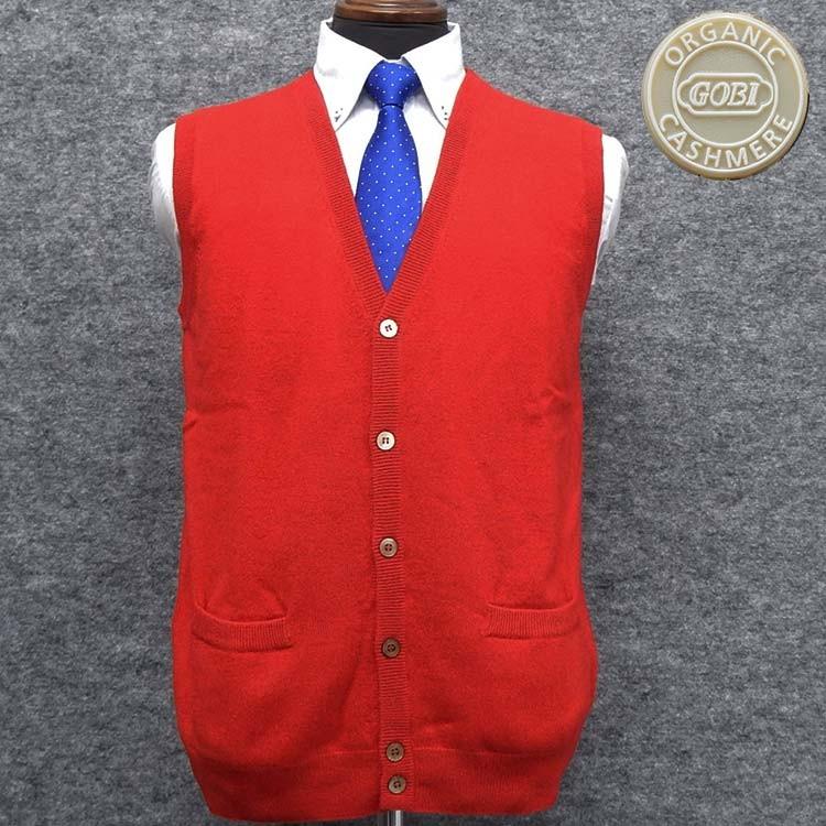 GOBI（ゴビ） カシミヤ100％ Vネックベスト 前開き 赤/無地 モンゴル