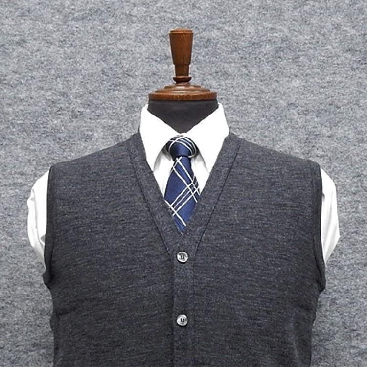 日本製 前開きVネックベスト ニット 毛混 □濃グレー