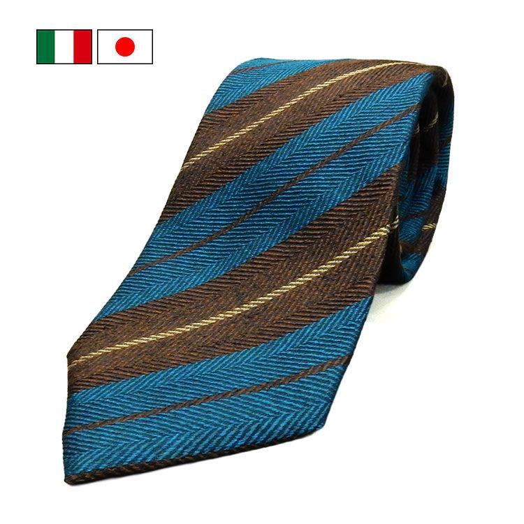 イタリー生地使用/京都産 ネクタイ シルクタイ 茶×青/ストライプ KYOTO