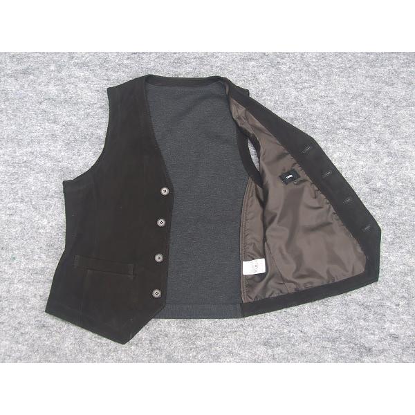 ベスト/ジレ 羊革ヌバック 黒 スペインレザー ラム革 Vネック前開き 後
