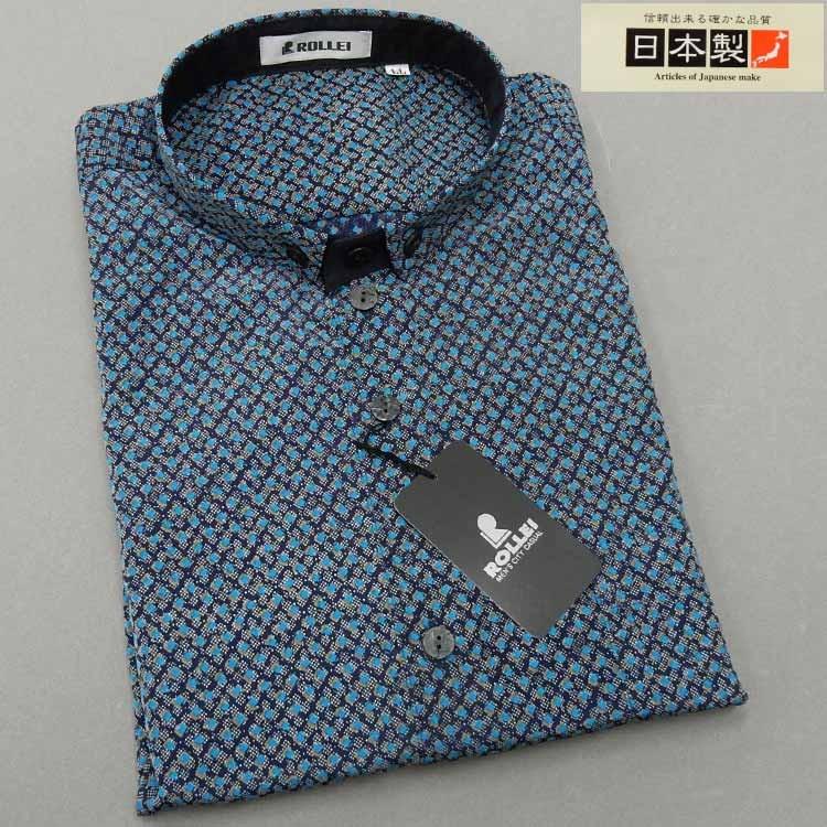 アダルトカジュアルシャツ　[ROLLEI]　日本製　長袖　紺系　チェック風　デザインシャツ　ROL34193-2