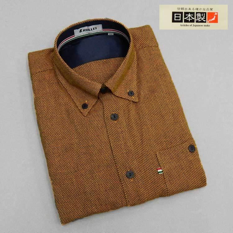 アダルトカジュアルシャツ　[ROLLEI]　日本製　長袖　オレンジ×黄色×黒　網柄　ボタンダウン　綿100％　秋冬物　ROL34199-1 アダルトカジュアルシャツ [ROLLEI] 日本製 長袖 オレンジ×黄色×黒 網
