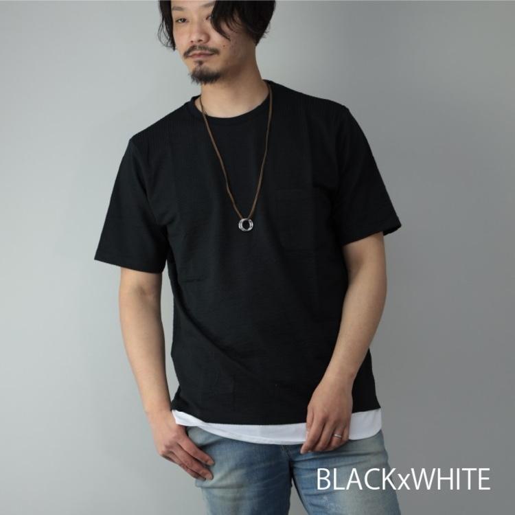 Tシャツ メンズ 半袖 黒×白/無地 シアサッカー フェイクレイヤード