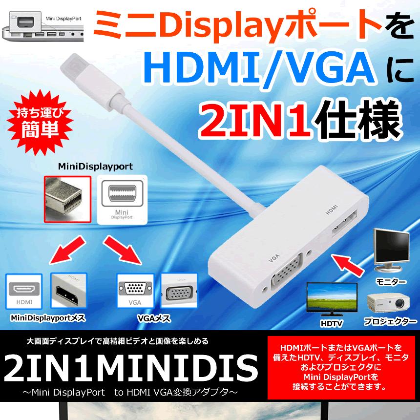 2IN1 Mini DisplayPort to HDMI VGA 変換アダプタ フルHD PC パソコン HDTV 小型 軽量 Mac Pro Mac Book Air 2IN1MINIDIS｜ishino7｜02