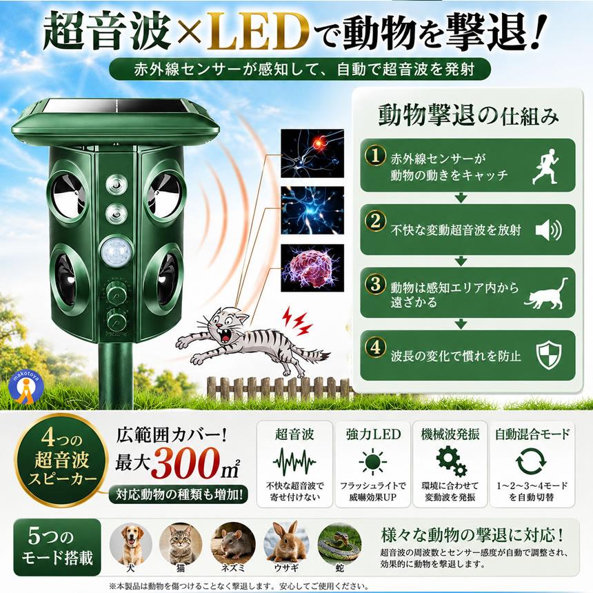 動物撃退器 害獣撃退 4個超音波スピーカー 広範囲 強力LEDフラッシュ
