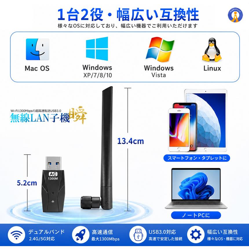 無線LAN子機 親機 Wifi Wi-Fi 1300Mbps USB3.0 アダプター 2.4G 5G