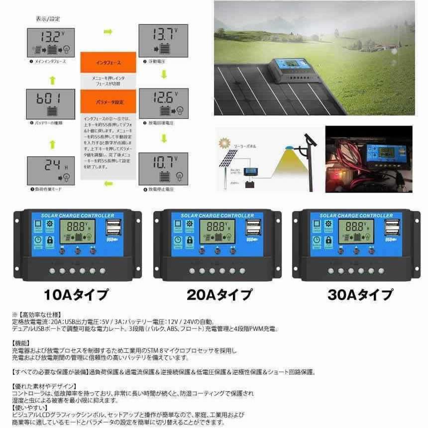 ソーラーチャージコントローラー 20A 12V/24V LCD 鉛蓄電池 車