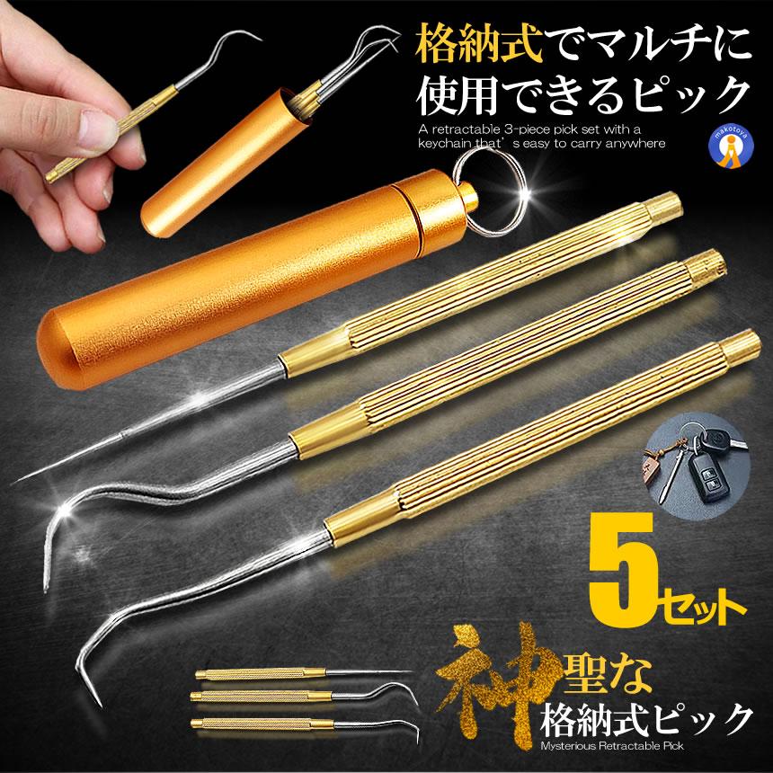 5セット 格納式 ピック セット ステンレス 爪楊枝 ケース 3種類