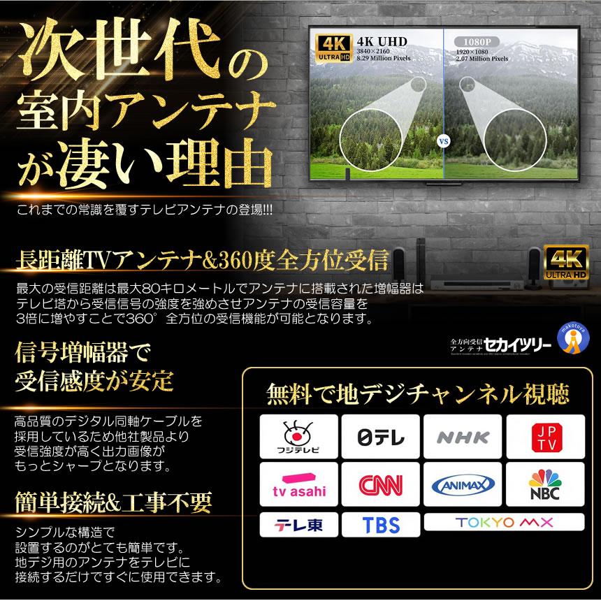 テレビアンテナ 全方位受信 室内アンテナ 地デジアンテナ ブースター