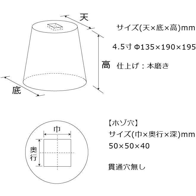 束石　沓石　黒御影石　山西黒（ほうちん）柱石　Φ135×Φ190×195mm　１個　代引不可　個人様支店止め　貫通穴無し　丸型（標準型）4.5寸　本磨き仕上げ