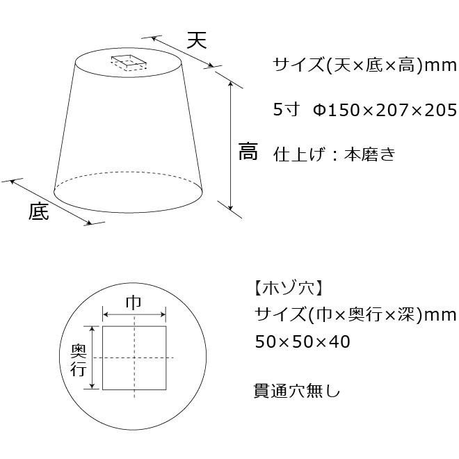 束石　沓石　黒御影石　山西黒（ほうちん）柱石　丸型（標準型）5寸　10個　Φ150×Φ207×205mm　貫通穴無し  本磨き仕上げ　代引不可　個人様支店止め｜ishisenmonten｜02