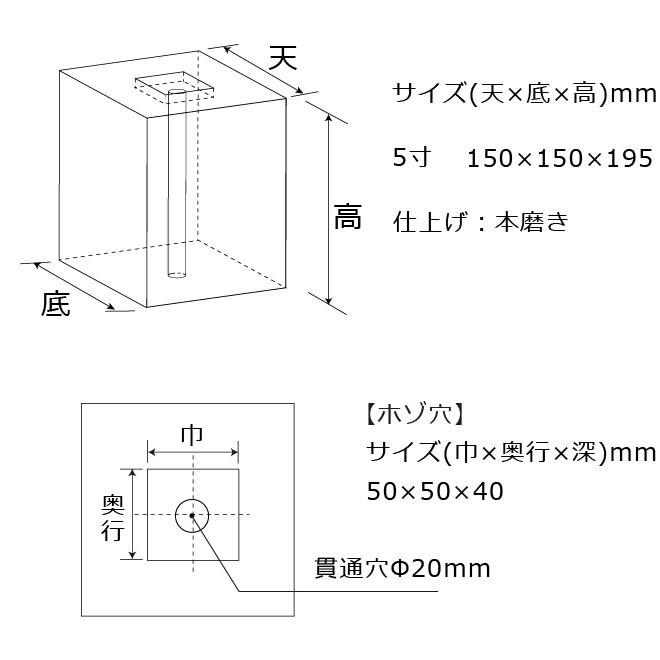 束石 沓石 白御影石 603柱石 垂直型（四角形）5寸 150×150×195mm