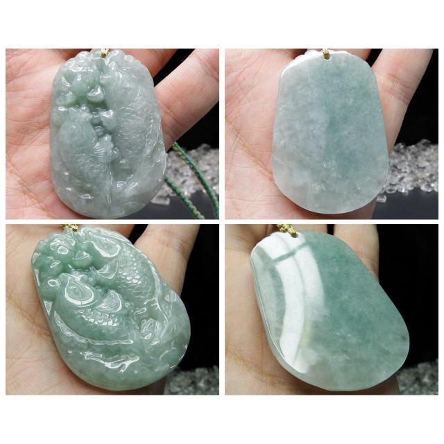 ひすいジェダイト鯉精工彫刻木綿紐ネックレス天然石ミャンマー産本翡翠 