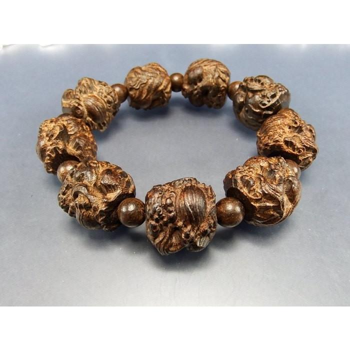 蓄財運】木製大玉精工彫りヒキュウ約20ミリ数珠ブレスレット石街