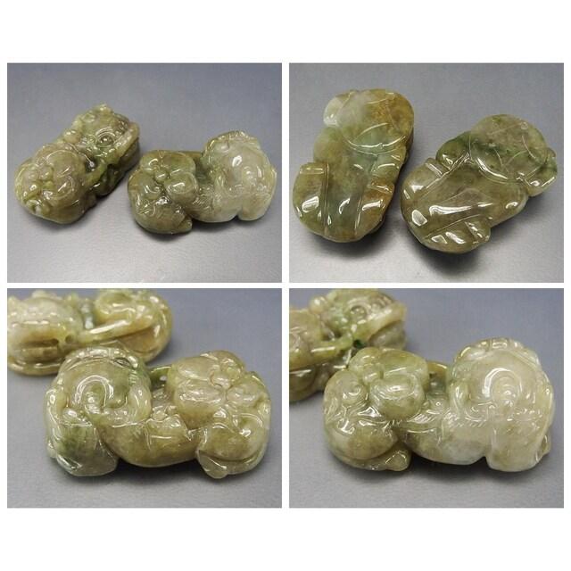一点物逸品天然石本翡翠ジェダイト如意ヒキュウ彫刻ペア置物風水物蓄財