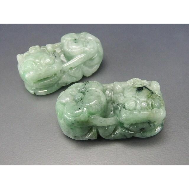 一点物逸品天然石本翡翠ジェダイト如意ヒキュウ彫刻ペア置物風水物蓄財