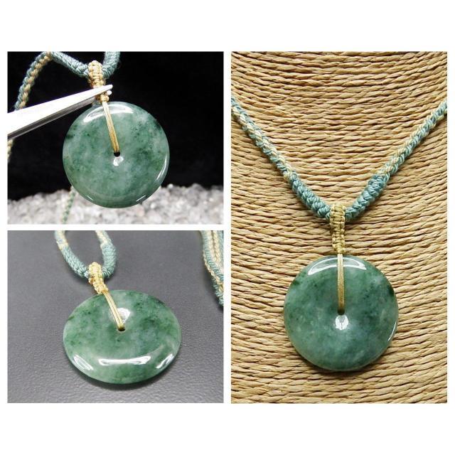 良質濃い目柄入りひすい天然石本翡翠丸平安扣木綿紐ネックレス大型 