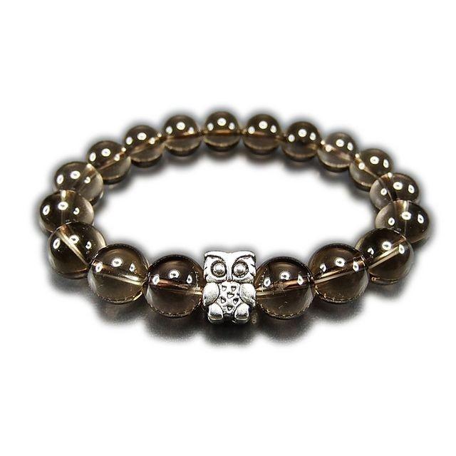 早い者勝ち！天然石スモーキークォーツ梵字数珠風 石街 天然石 厳選 スモーキークォーツ フクロウ ブレスレット 10mm