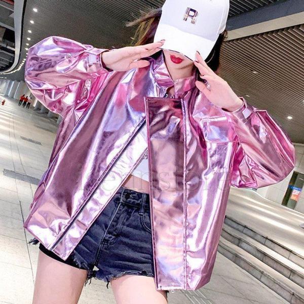 メタリックジャケット女性 スタイリッシュ 光沢 レディース 春服