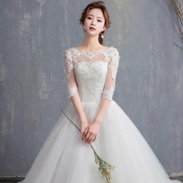 ウェディングドレス 袖あり トレーンドレス ロング ホワイトドレス 5分袖 結婚式 花嫁 披露宴 二次会ドレス Aライン 編み上げ パニエ付き |  | 01