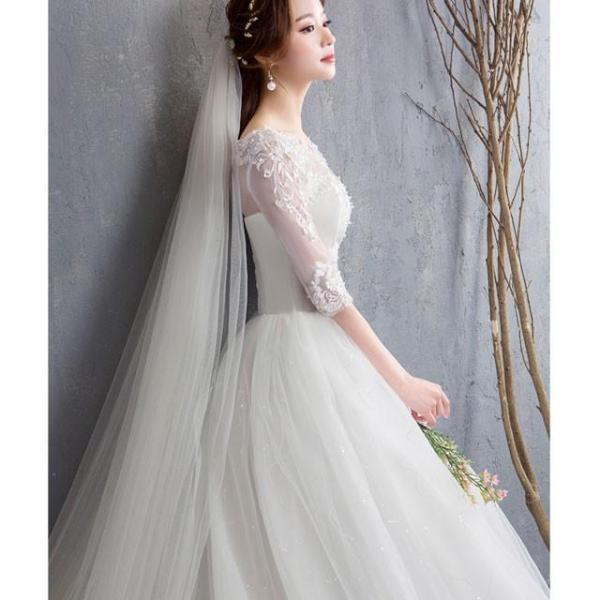 ウェディングドレス 袖あり トレーンドレス ロング ホワイトドレス 5分袖 結婚式 花嫁 披露宴 二次会ドレス Aライン 編み上げ パニエ付き |  | 05