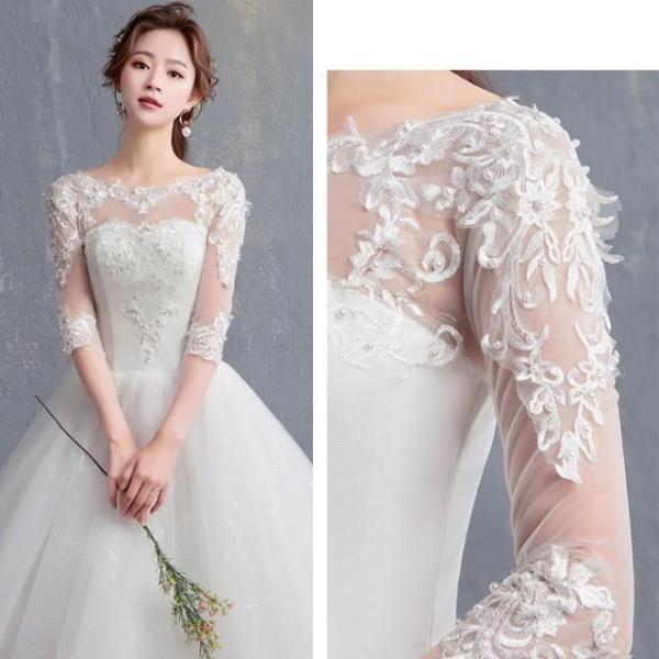ウェディングドレス 袖あり トレーンドレス ロング ホワイトドレス 5分袖 結婚式 花嫁 披露宴 二次会ドレス Aライン 編み上げ パニエ付き |  | 06