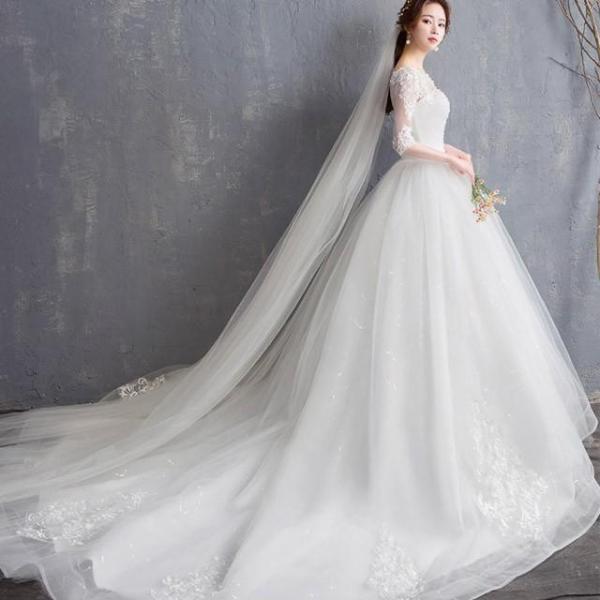 ウェディングドレス 袖あり トレーンドレス ロング ホワイトドレス 5分袖 結婚式 花嫁 披露宴 二次会ドレス Aライン 編み上げ パニエ付き |  | 07