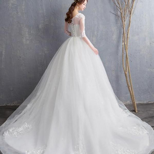 ウェディングドレス 袖あり トレーンドレス ロング ホワイトドレス 5分袖 結婚式 花嫁 披露宴 二次会ドレス Aライン 編み上げ パニエ付き |  | 08