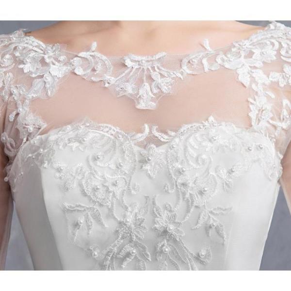 ウェディングドレス 袖あり トレーンドレス ロング ホワイトドレス 5分袖 結婚式 花嫁 披露宴 二次会ドレス Aライン 編み上げ パニエ付き |  | 09