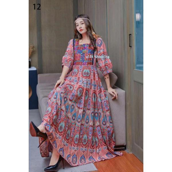 Vintage ロングワンピース M イタリア製 シルク 異素材 民族調 個性的 ワンピース 長袖 ゆったり 夏秋 レディース 個性的 マキシ丈 楽ちん