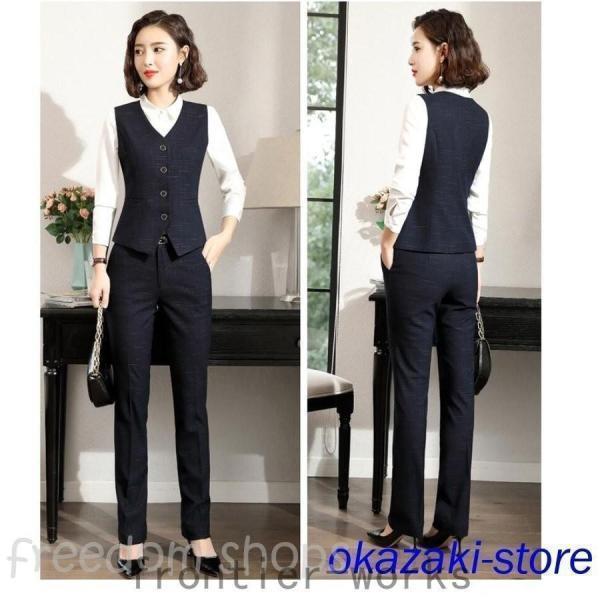 ☆美品☆　セットアップスーツ　3点セット　7号　ブラック　チェック　事務服 レディース3点セット スーツセット パンツセット チェック柄 20代30代