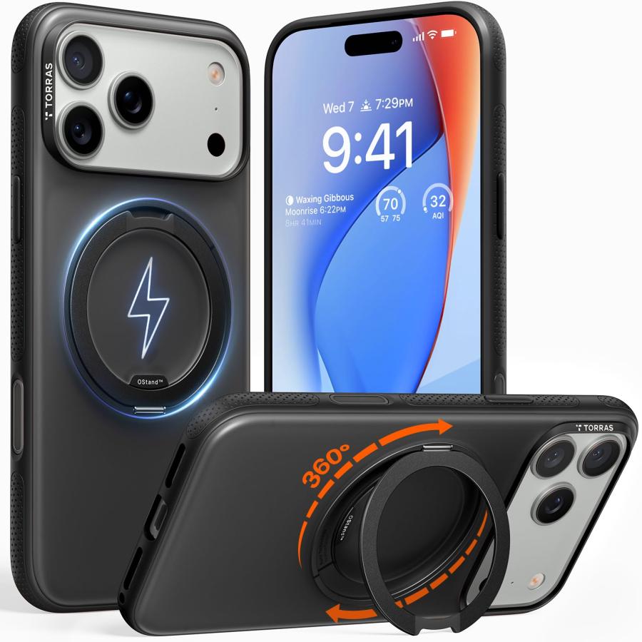 TORRAS iPhone 17 Pro 用ケース 【カチカチ・多機能360度回転スタンド