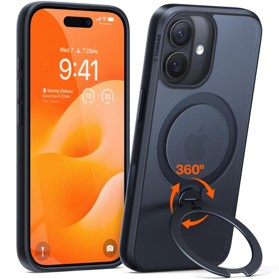 TORRAS iPhone 17 用 ケース【多機能一体・360°新定点回転スタンド